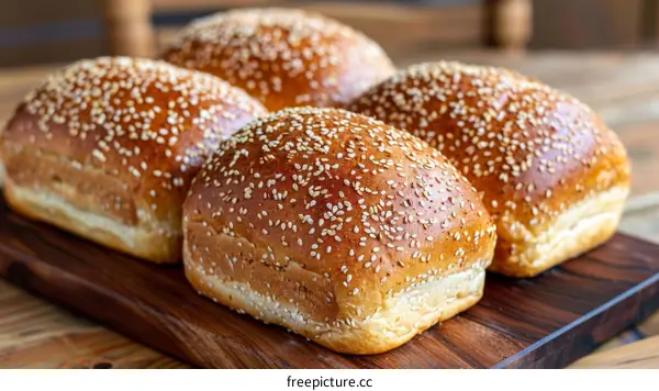 Four hamburger buns with sesame seeds on a wooden table