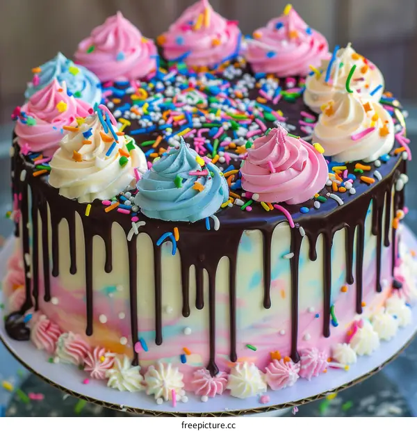 A beautiful birthday cake with pink and blue frosting and rainbow sprinkles