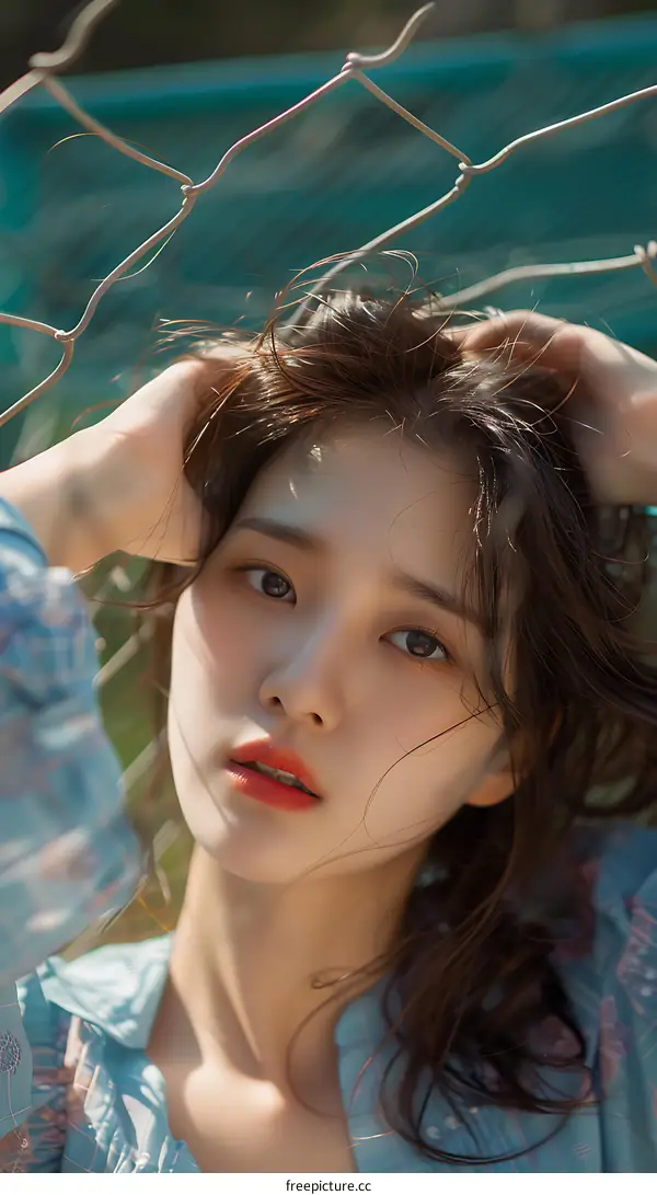 Young Woman with Long Hair Posing Behind Chain Link Fence