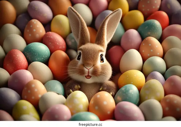 Cute Easter Bunny in a Nest of Colorful Eggs
