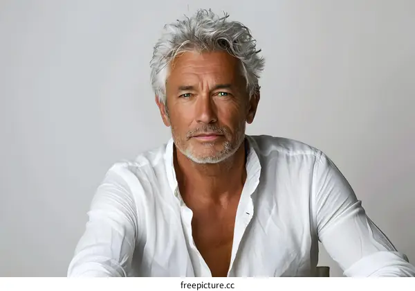 Portrait of a handsome mature man with white hair and blue eyes