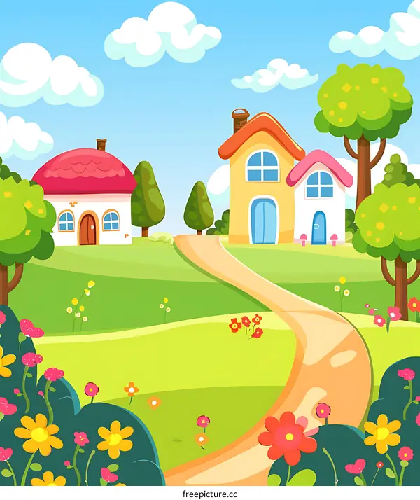 Cartoon Landscape with Winding Path and Colorful Houses