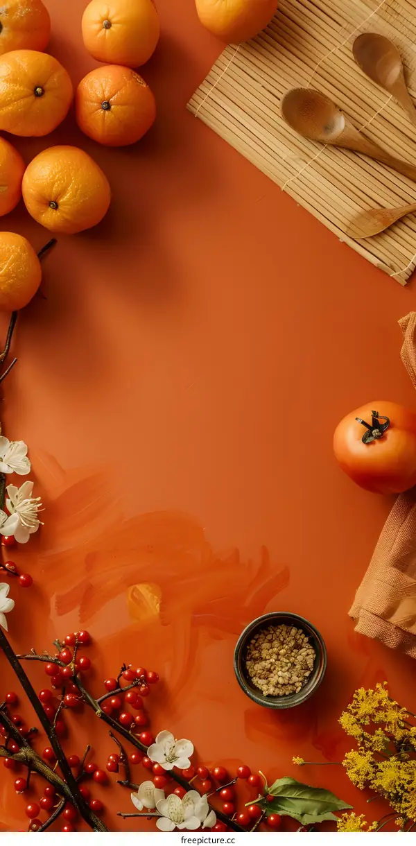 Orange, Red Berries and Flowers on Orange Background