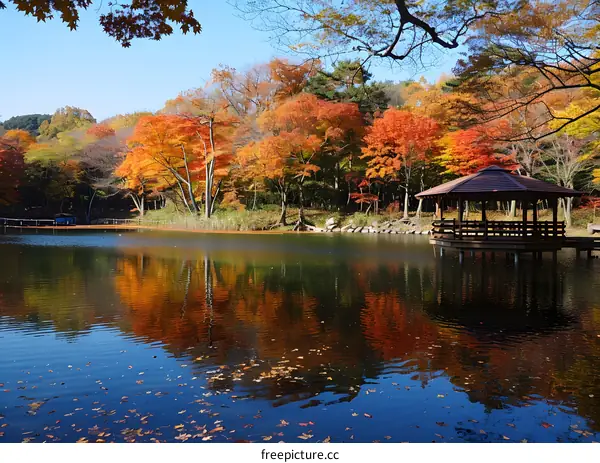 Red and yellow leaves of trees in autumn are reflected on the surface of the lake
