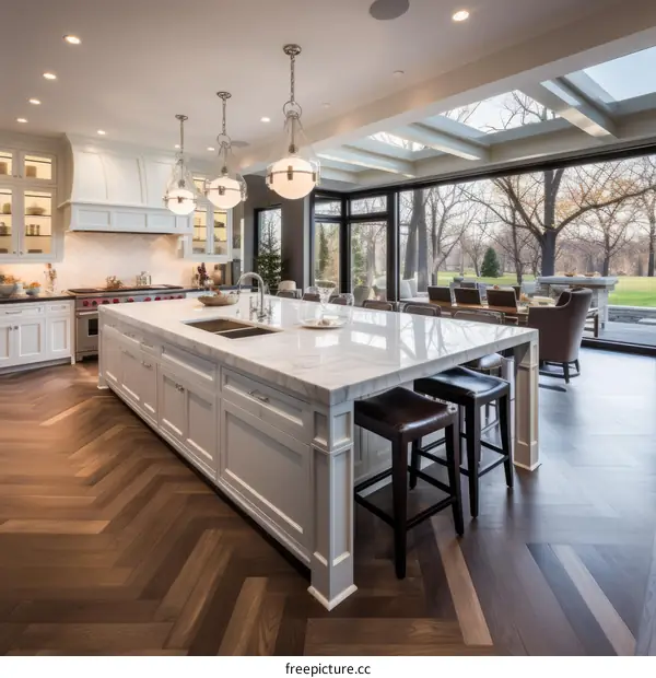 Modern kitchen with large island and wood herringbone floor