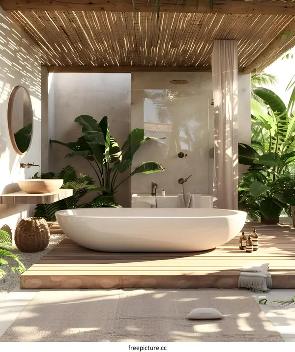 Outdoor Bathroom with Tropical Plants and Bathtub