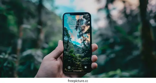 Hand Holding a Phone With a Photo of a Forest Scene