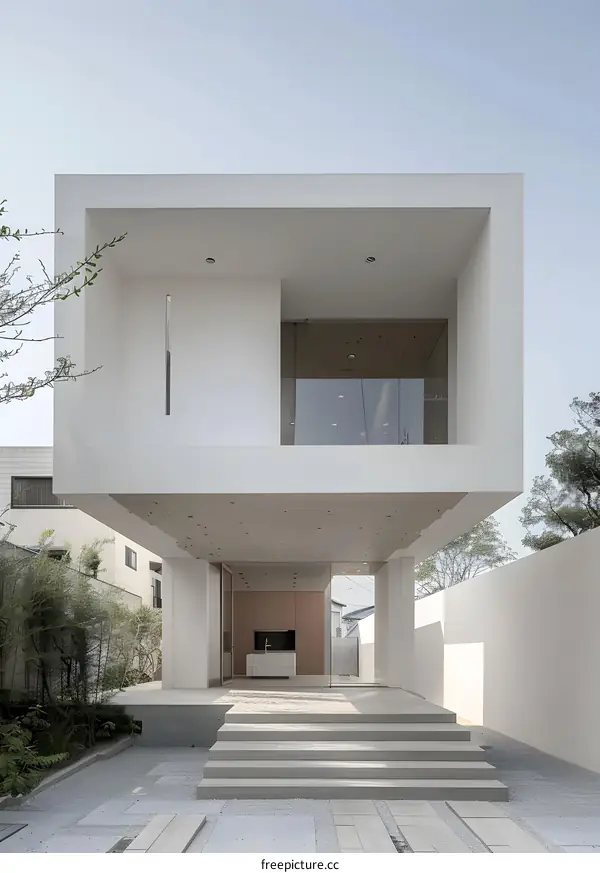 Modern Minimalist White House with Concrete Steps and  Gravel Yard