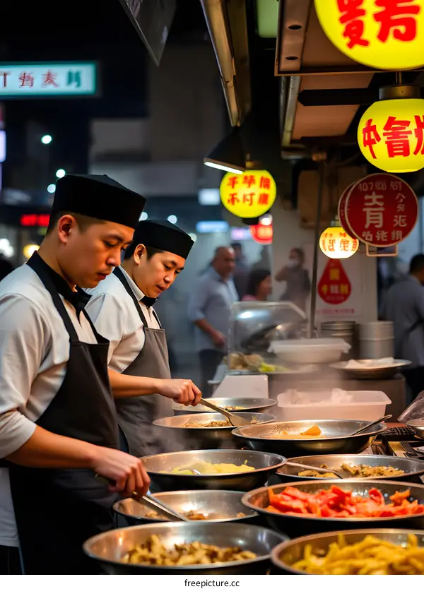 Asian Chefs Preparing Food at a Night Market Stall