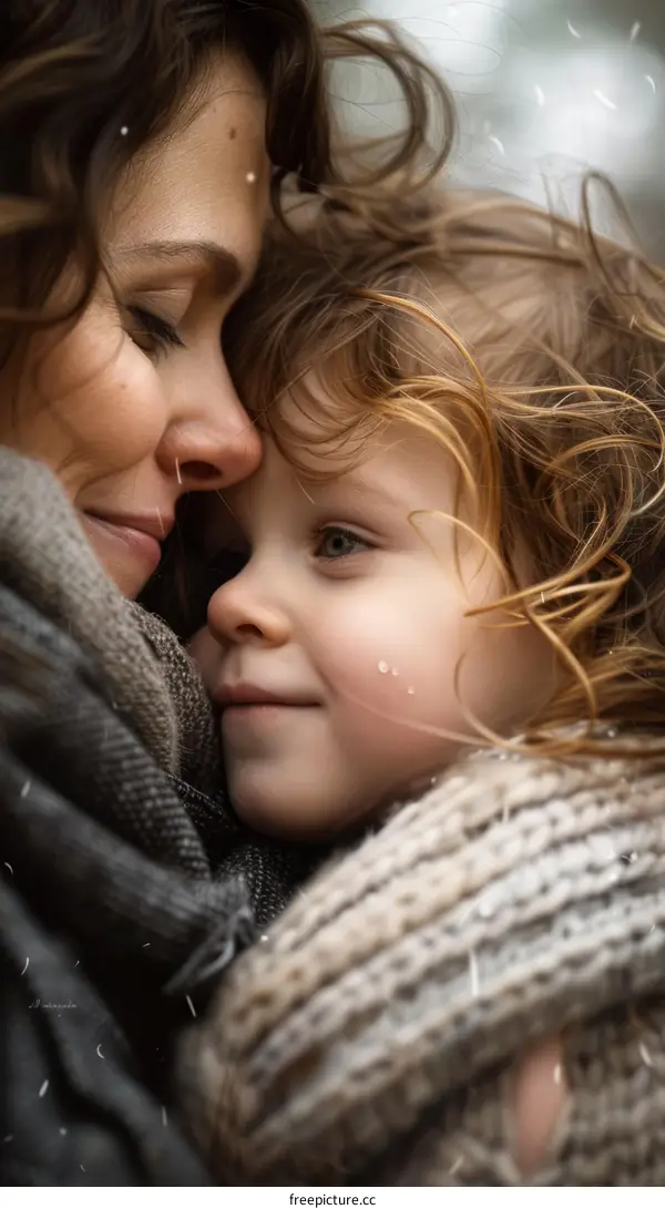 A mother and her child are hugging each other outside in the cold.