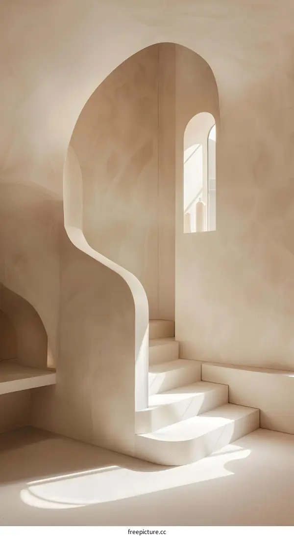 Modern Minimalist Interior Design with Curved Staircase and Sunlight