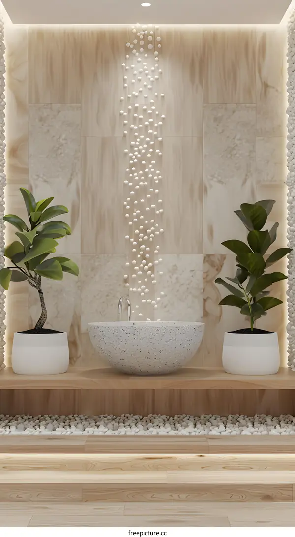 Minimalist Bathroom Design with Stone Wall and Round Tub