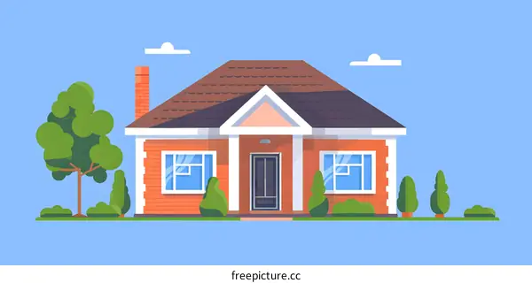 Cartoon House with Brick Walls and Green Trees