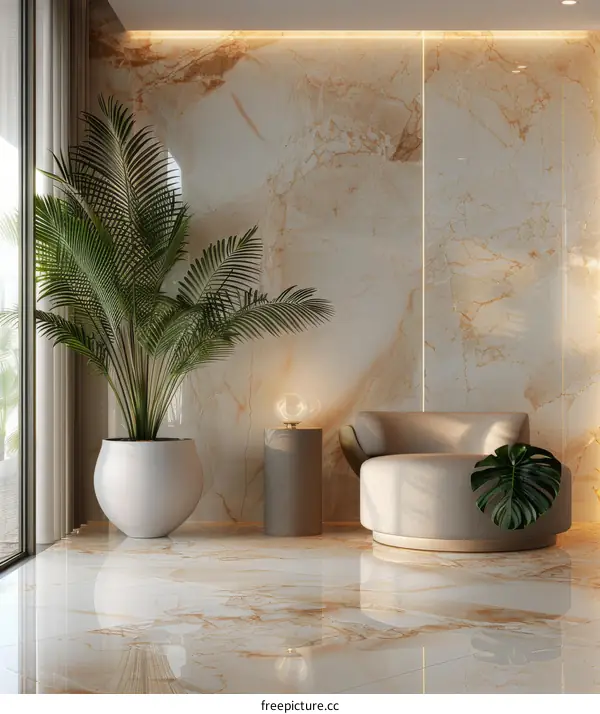 Modern Interior Design with Marble Flooring and Plants