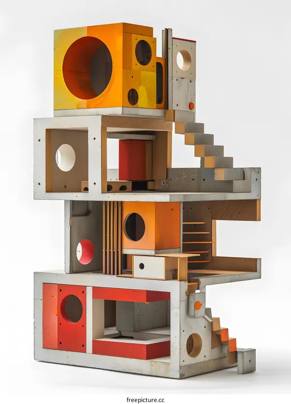 Colorful geometric shapes stacked to form an abstract building