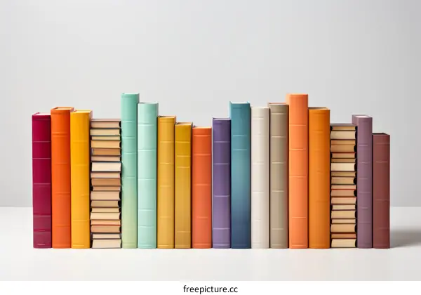 A variety of books arranged in a row by color
