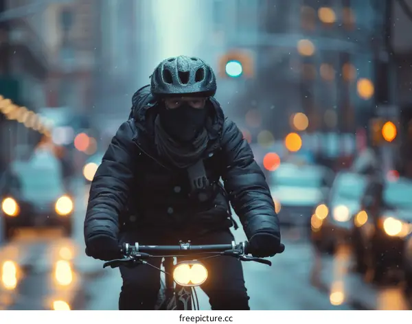 Cyclist wearing a helmet and a scarf rides a bicycle in the city