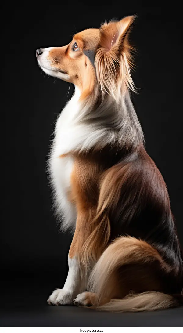 A Border Collie sits in profile with a dark background