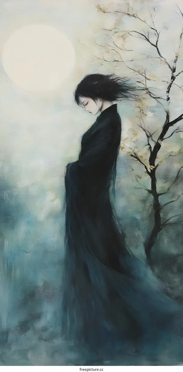 Woman in Black Robe Under Full Moon and Tree
