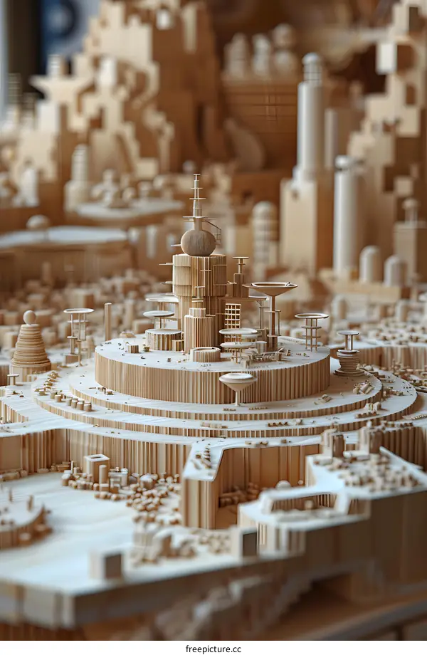 A miniature cityscape made of wood.