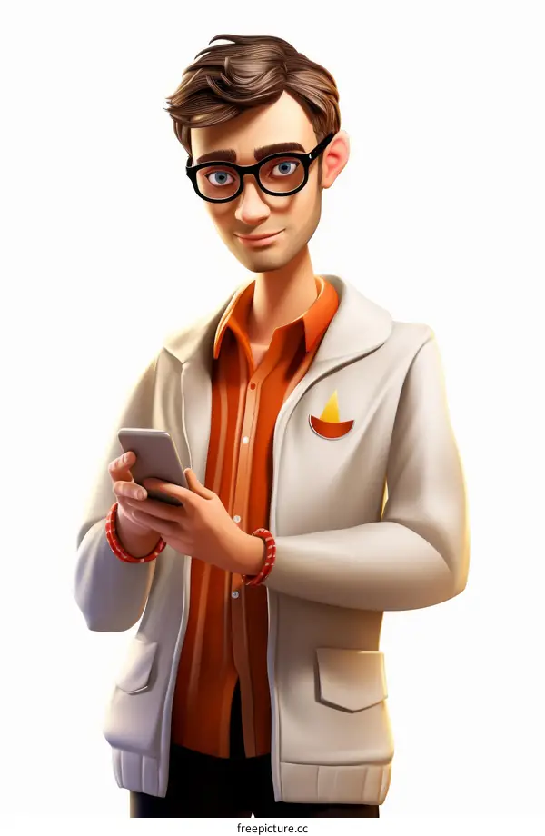 Male scientist wearing glasses and lab coat looking at his phone