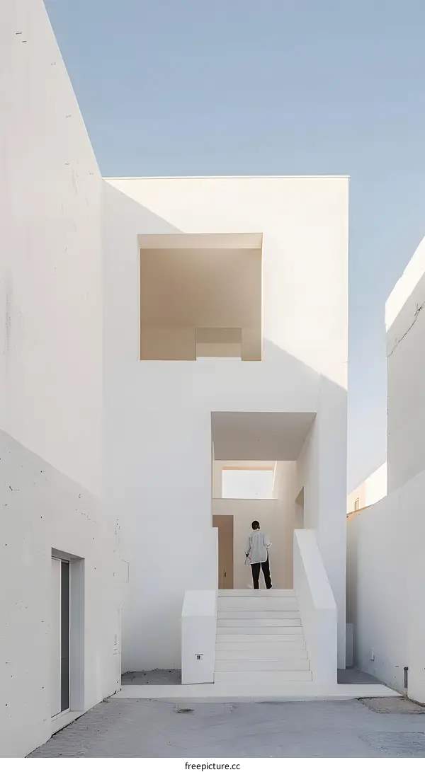 Modern White Building with Person Looking Up the Stairs