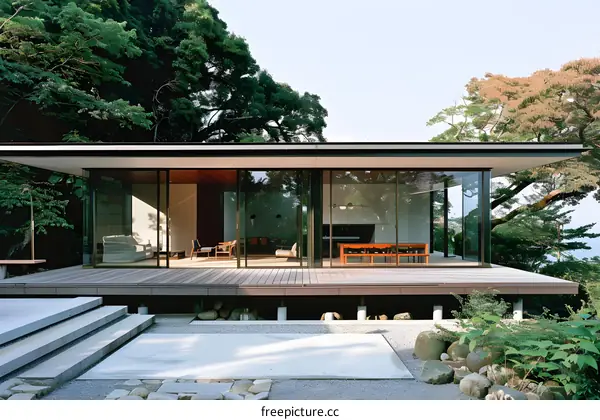 Modern House with Glass Walls Surrounded by Lush Greenery