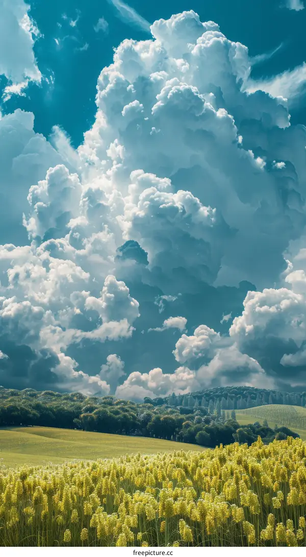 Yellow Rapeseed Flowers Blooming Under Blue Sky with White Clouds