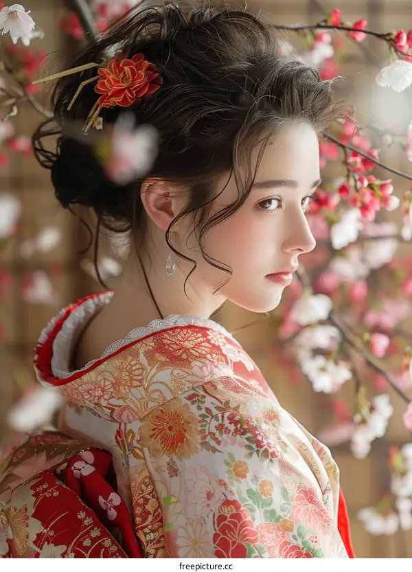 Portrait of a young woman in a kimono with cherry blossoms