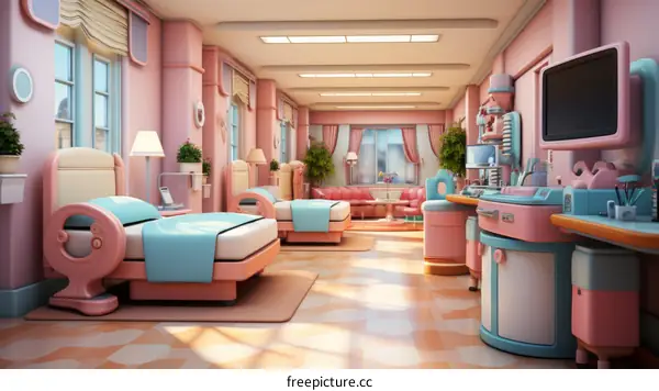 A retro futuristic hospital room