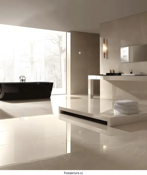 Modern Minimalist Bathroom with Black Bathtub and White Towels