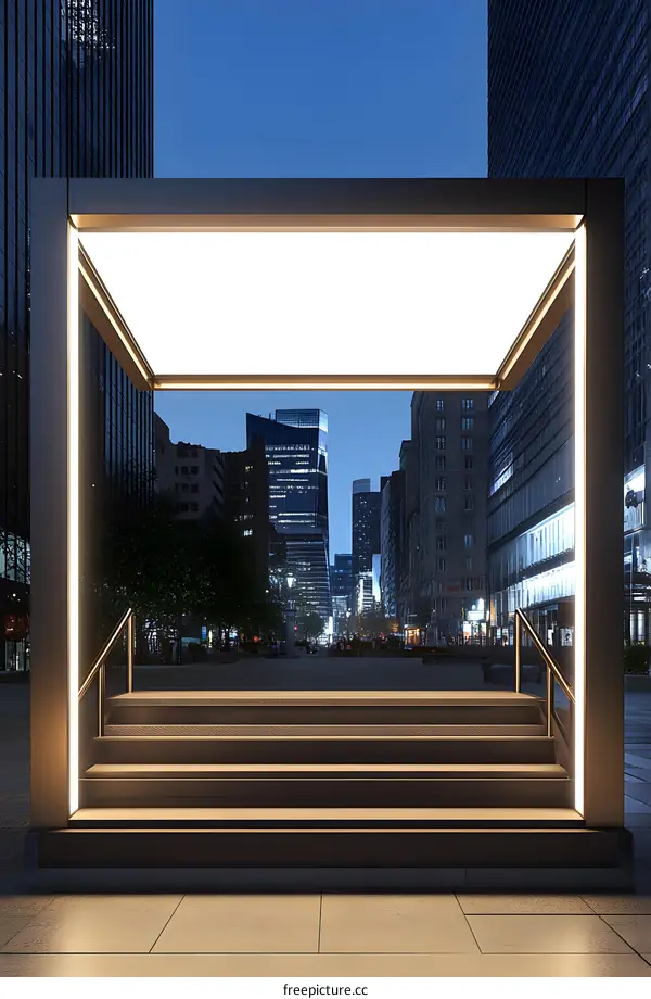 Modern Illuminated Structure with Stairs and City Skyline View