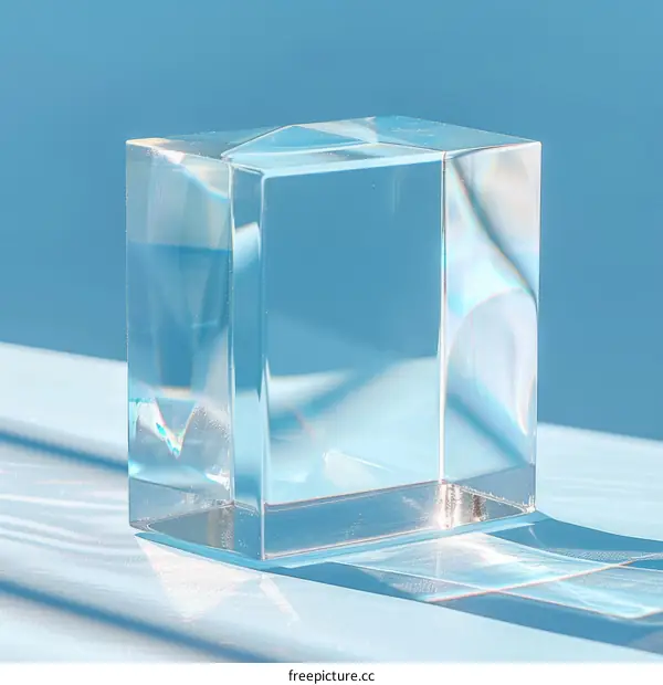 glass cube on blue background with rainbow reflections