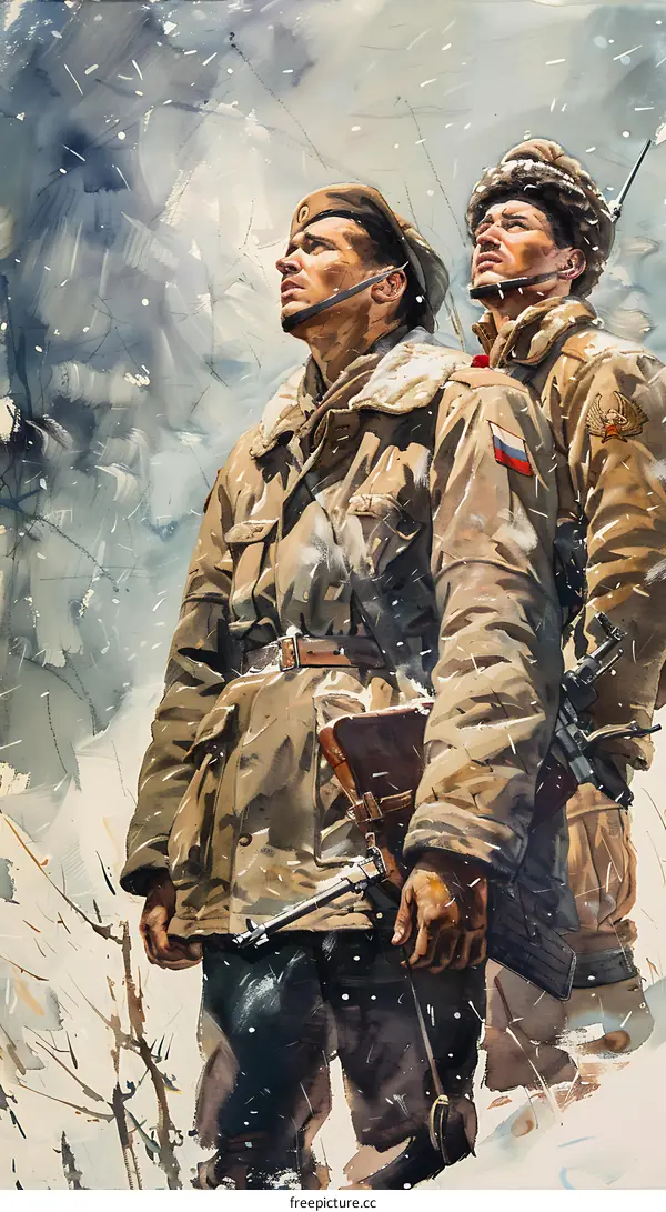 Two soldiers standing guard in the snow