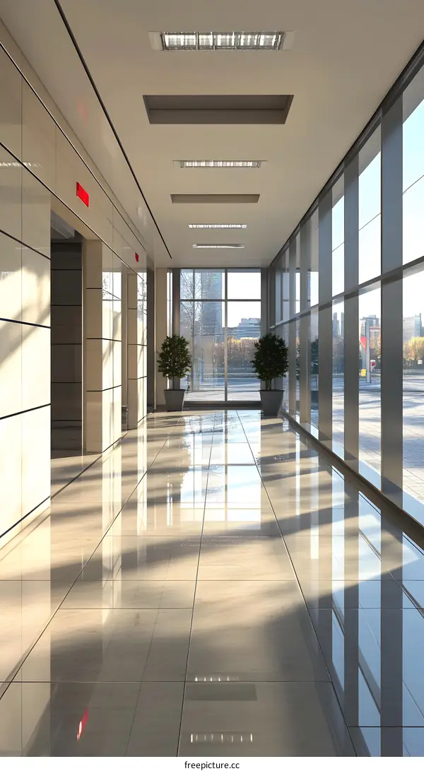 Modern Office Hallway with Glass Windows and Tile Floor