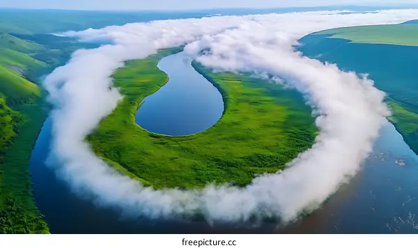 Aerial View of a Winding River with Foggy Landscape