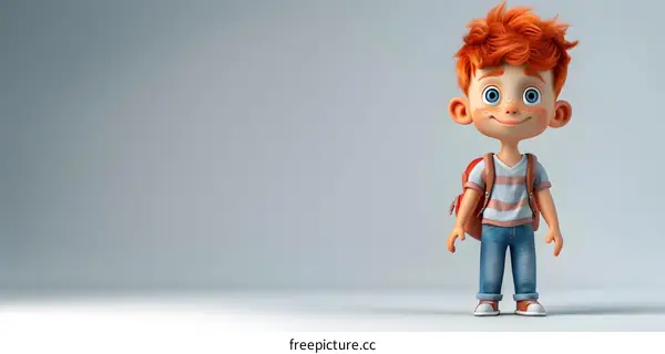 Cute Cartoon Boy with Red Hair and Backpack Standing on White Background