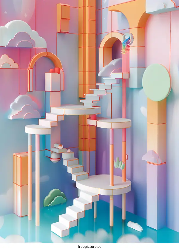 3D Colorful Abstract Geometric Staircase and Clouds Design