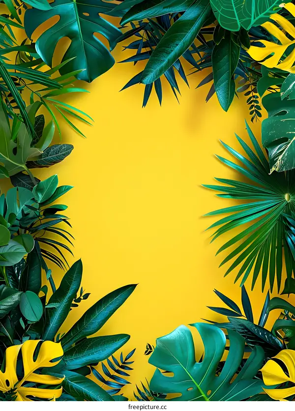 Tropical Green Leaves Border on Yellow Background