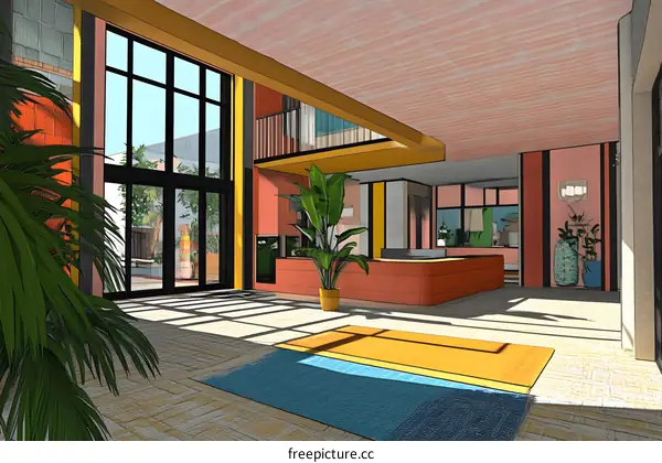 Modern Interior Design with Yellow Accent Wall and Large Windows