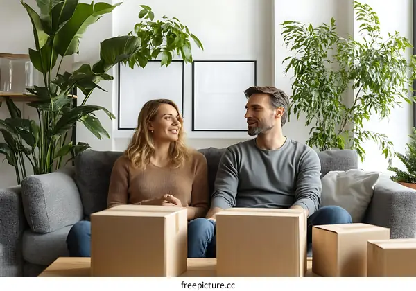 Couple Relaxing on Sofa During Moving Day