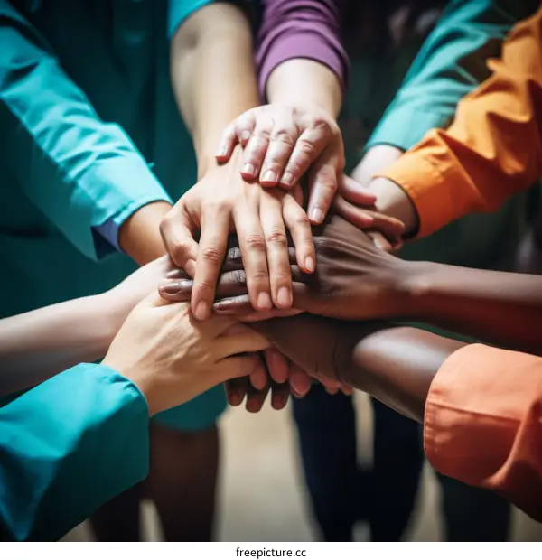 Multiracial group of doctors joining hands together in unity and solidarity