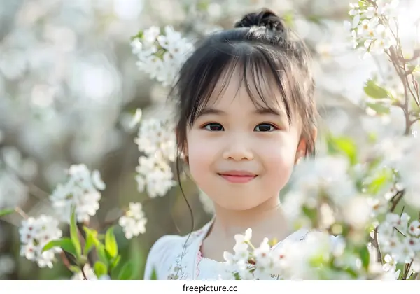 Smiling Asian Girl in a Field of Flowers