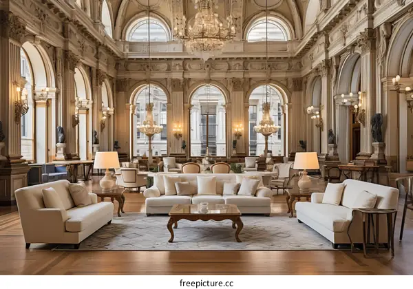 Grand Ornate Living Room with Two Sofas and Coffee Table