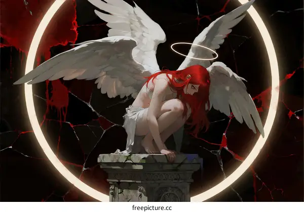 Angel with Red Hair Crouching on Stone Pillar with Halo