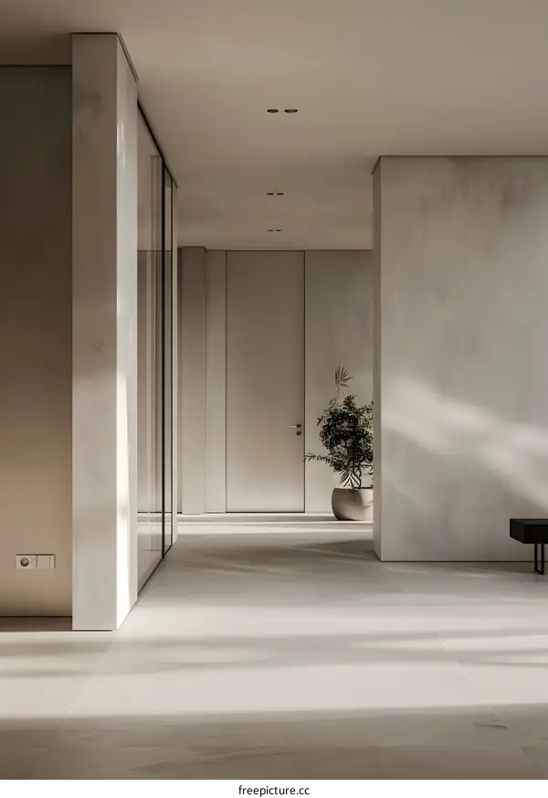 Minimalist Interior Design Hallway with Concrete Walls and Glass Door