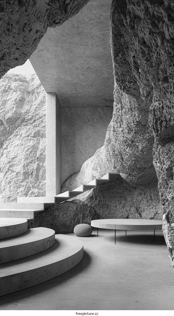 Futuristic cave dwelling with concrete furniture