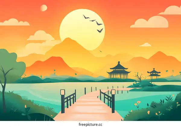 Peaceful Sunset Landscape with Mountain and Bridge