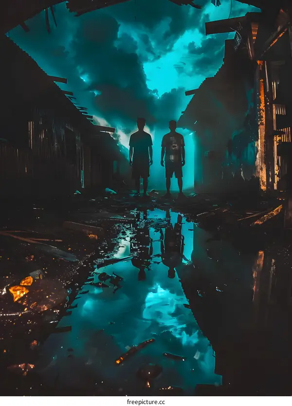 Silhouettes of Two Men Standing in Front of a Ruined Building with Reflection in a Puddle