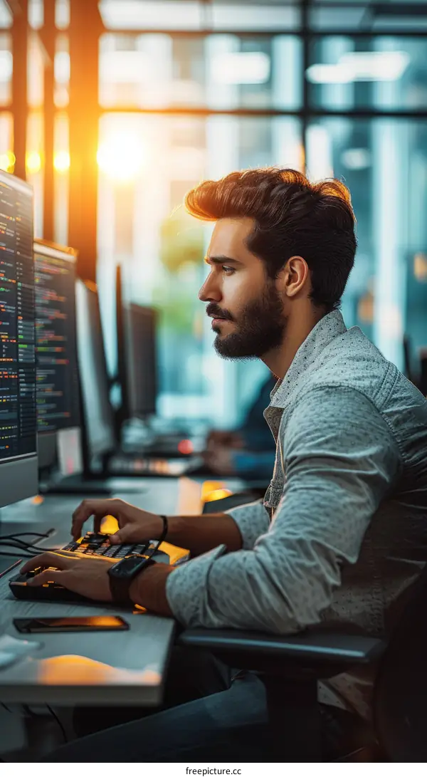 Focused young male software engineer coding on multiple computer screens in the office